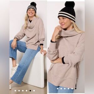 Varley Taupe Cowl-Neck Sweatshirt with Black Trim